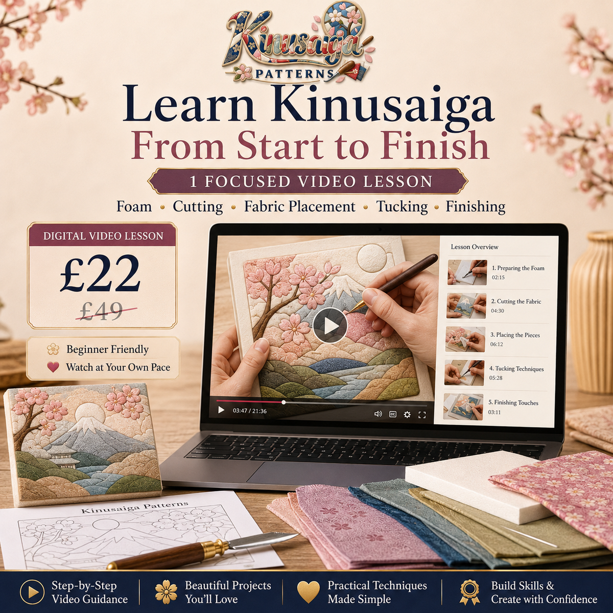 Kinusaiga Video Masterclass - Foam, Cutting, Fabric Placement & Finishing