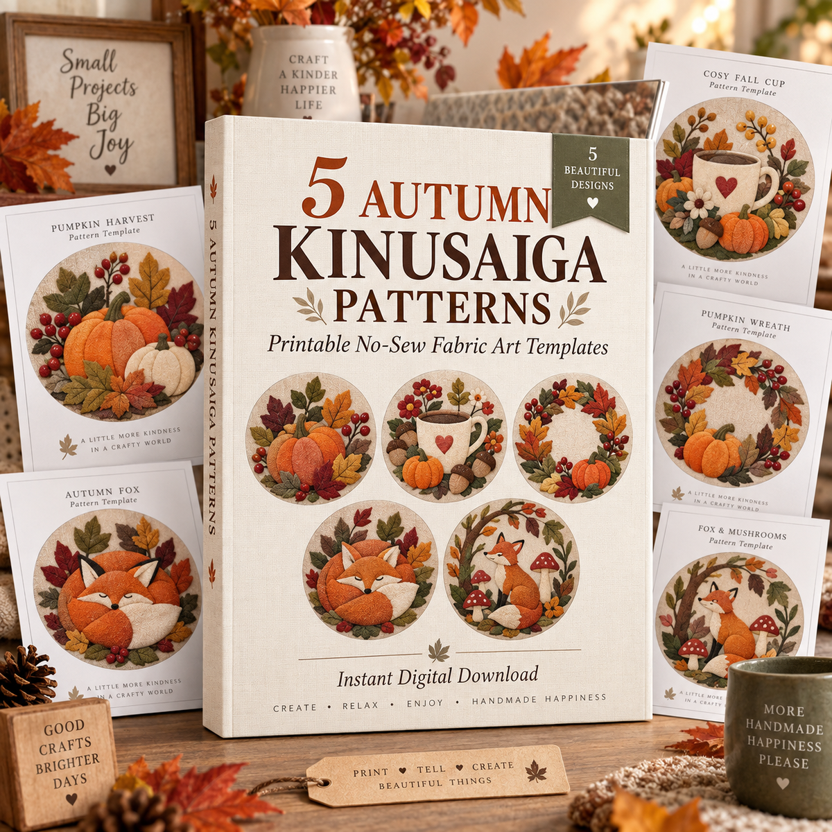 5 Autumn Kinusaiga Patterns - Pumpkins, Fox & Mushrooms | Printable No-Sew Fabric Art Templates
